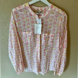 Joie Vibrant Pink and Yellow Fruit Blouse 100% Cotton Size M Flowy and Summery